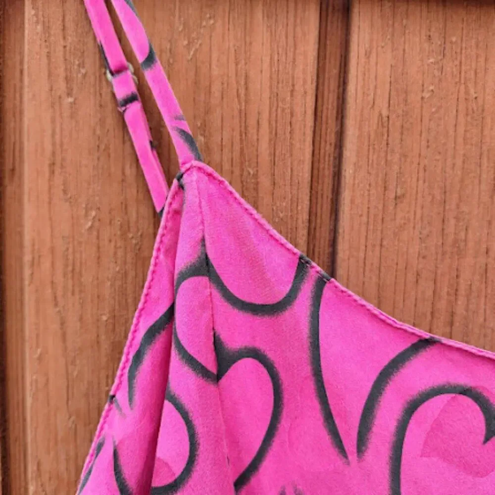 LAURA LEIGH | Hot Pink Silk Slip Dress Hearts Print 90S Y2K Nightie Dress M